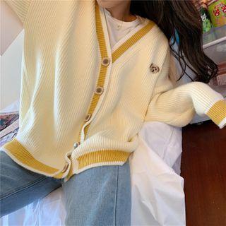 Bear Embroidered Contrast Trim Loose Fit Knit Cardigan Off-white - One Size