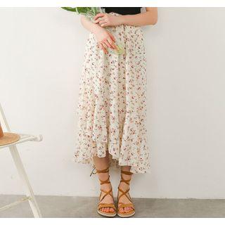 Floral Print Asymmetric Midi A-line Skirt