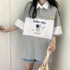 Two-tone Cartoon Astronaut Print Short-sleeve Polo Shirt