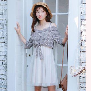 Check Cold Shoulder 3/4-sleeve Mock Two-piece Dress