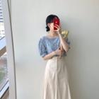 Short-sleeve Floral Printed Top / Plain A-line Midi Skirt