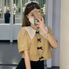 Short-sleeve Bow Blouse Khaki - One Size