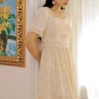 Elbow-sleeve Square Neck Lace Trim Midi A-line Dress