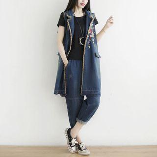 Floral Embroidered Long Jacket Blue - One Size