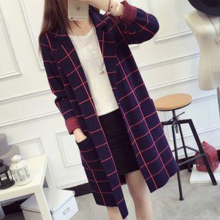 Check Notch Lapel Snap Button Knit Coat