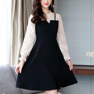 Long-sleeve Heart Print Panel Chiffon Dress