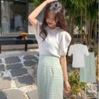 Short-sleeve Plain Knit Top / Gingham Midi Skirt