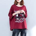 Deer Print 3/4-sleeve T-shirt Wine Red - One Size