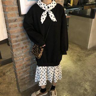 Dotted Panel Long-sleeve Midi Dress
