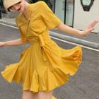 Set: Short-sleeve Wrap Top + A-line Skirt Top - Yellow - One Size / Skirt - Yellow - One Size