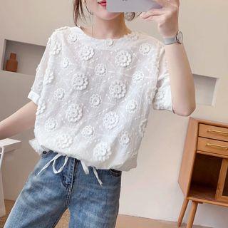 Flower Applique Short-sleeve Blouse White - One Size