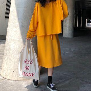 Set: Crew-neck Pullover + Drawstring Midi Skirt