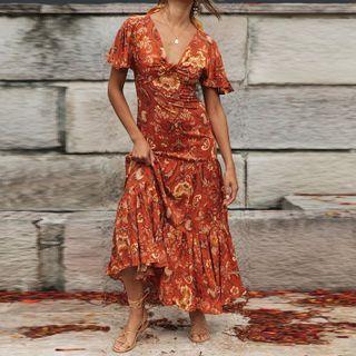 Short-sleeve Paisley Print Maxi Smock Dress