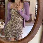 Plain Single-breasted Knit Cardigan / Floral Sleeveless Dress