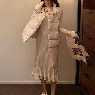 Stand Collar Padded Vest / Long-sleeve Midi Rib Knit Dress