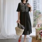 Frilled-detail Embroidered-panel Dress Black - One Size
