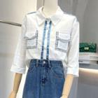 Elbow-sleeve Contrast Trim Pocket Detail Shirt / Back-slit Denim Pencil Skirt
