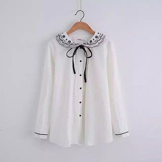 Long-sleeve Tie-neck Embroidered Blouse