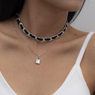Set Of 2: Chain Choker + Lock Layered Pendant Necklace