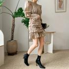 Puff-sleeve Shirred Stripe Dress