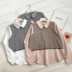 Set:plain Single-breasted Long-sleeve Blouse + Color-block Striped Vest