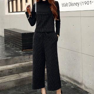 Set: Mock Neck Top + Striped Suspender Pants