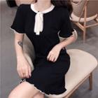 Short-sleeve Tie-neck Mini Knit Dress Black - One Size