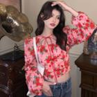 Puff-sleeve Floral Print Blouse Red Flowers - Pink - One Size