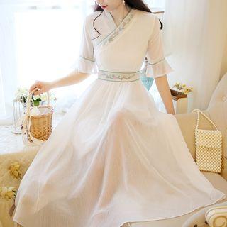 Traditional Chinese Elbow-sleeve Embroidered Trim A-line Midi Dress