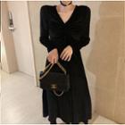 Plain V-neck Long-sleeve Slim-fit Dress Skirt - Black - One Size