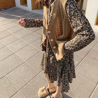 Tie-neck Flower Print Long-sleeve Shift Dress
