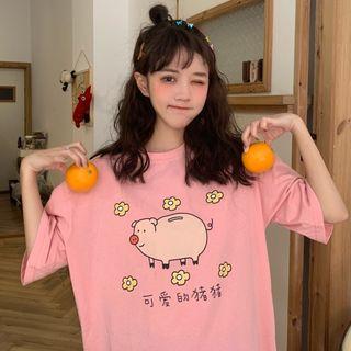 Short Sleeve Printed Tee Pink - One Size