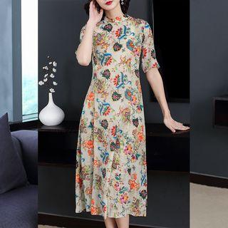 Traditional Chinese Elbow-sleeve Floral Print Midi Dress
