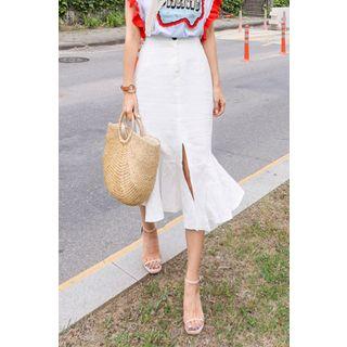 Slit-front Ruffle-hem Linen Skirt