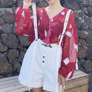 Printed Tasseled Chiffon Blouse / Suspender Shorts