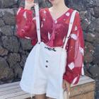 Printed Tasseled Chiffon Blouse / Suspender Shorts