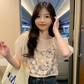 Floral Cropped Camisole Top / Puff-sleeve Mesh Top