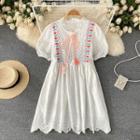 Puff-sleeve Patterned Embroidered A-line Dress White - One Size