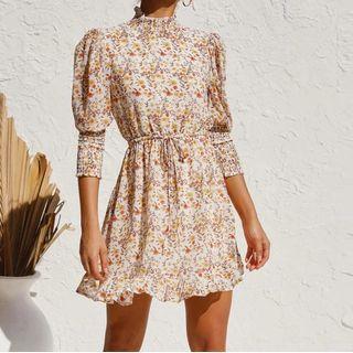 Long-sleeve Floral Print Mock-neck Mini Dress