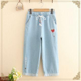 Watermelon Embroidered Drawstring Cropped Jeans