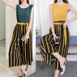Set: Pleated Short-sleeve / Sleeveless Top + Striped Wide Leg Pants