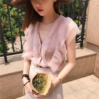 Mesh Panel V-neck Knitted Tank Top