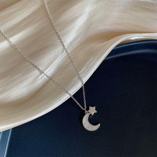 Rhinestone Moon & Star Pendant Necklace 1 Pc - Necklace - Moon - White - One Size