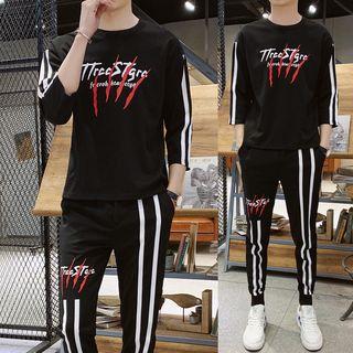 Set: 3/4-sleeve Striped Trim Letter T-shirt + Sweatpants