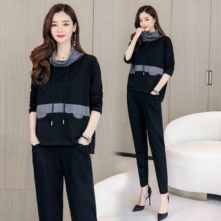Set: Mock-neck Two-tone Sweatshirt + Straight-leg Pants