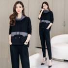 Set: Mock-neck Two-tone Sweatshirt + Straight-leg Pants