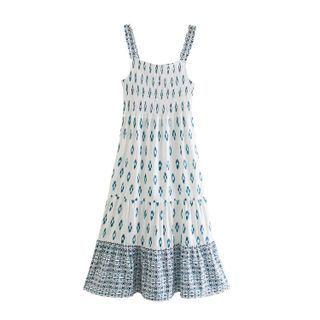 Spaghetti Strap Patterned Tiered Midi A-line Dress