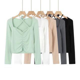 Long-sleeve Halter Shirred Top