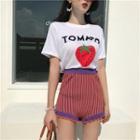 Short-sleeve Strawberry Print T-shirt / Striped Knit Shorts