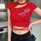 Letter Embroidered Cutout Tie-strap Cropped T-shirt